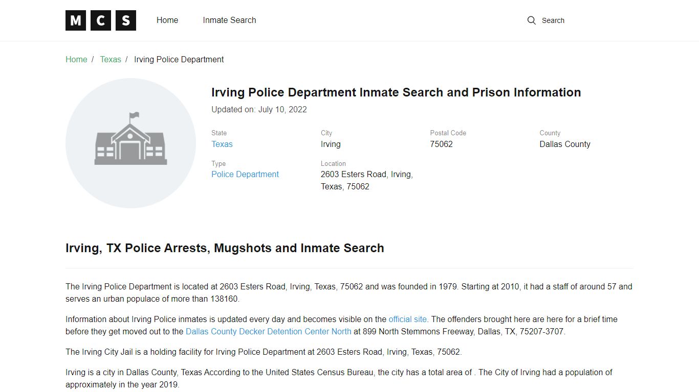 Irving Police Department Inmate Search and Prison Information