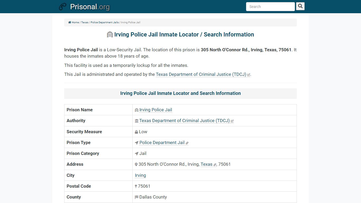 Irving Police Jail-Inmate Locator/Search Info, Phone, Fax ...